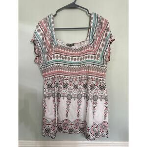 Roz & Ali Boho Peasant Blouse 2X | Smocked Tribal Print Top